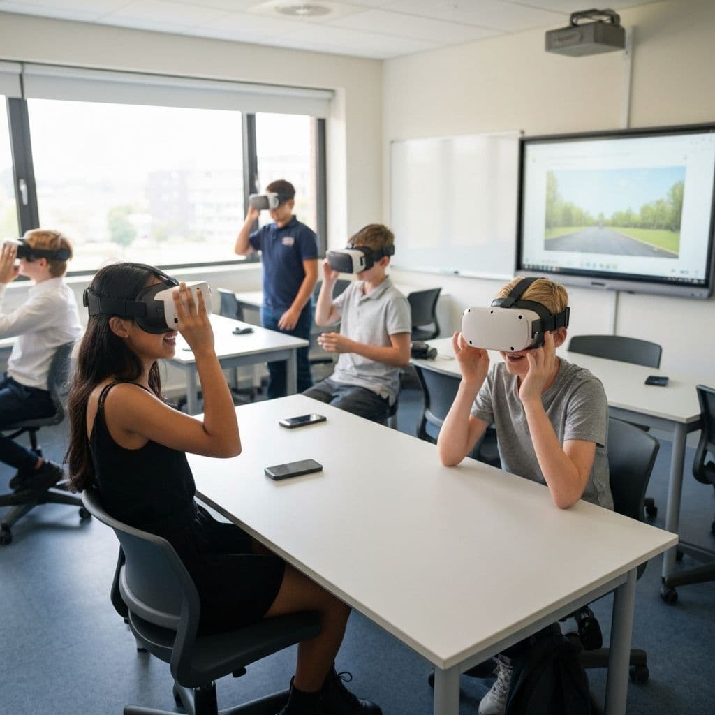 Students learning with VR headsets in a modern classroom